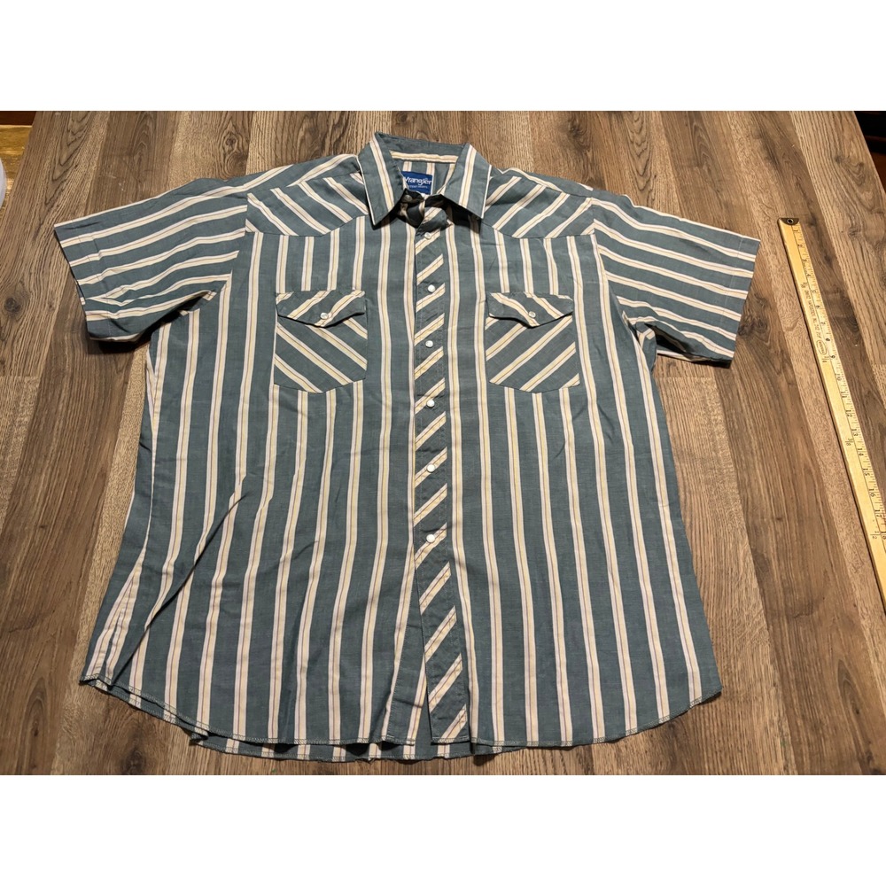 Wrangler Shirt Mens Size XL Blue Striped Short Sleeve Pearl Snap Western